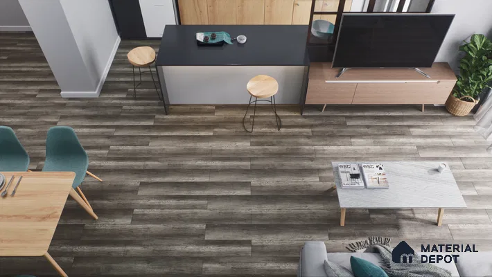 Modern Living Area with Dark Grey Wood Flooring | Material Depot