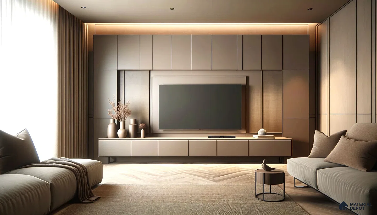 Modern Living Room Oasis with Neutral Palette and Glossy laminates | Material Depot