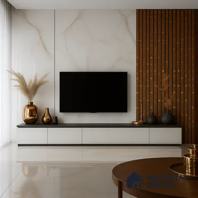 Modern Living Room TV Unit with Marble and Wooden Panel Backdrop in 3BHK Apartment, Sumadhura Silver Ripples Whitefield | Material Depot