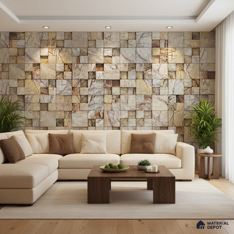 Modern living room with 3D stone cladding accent wall and beige upholstery in Bengaluru