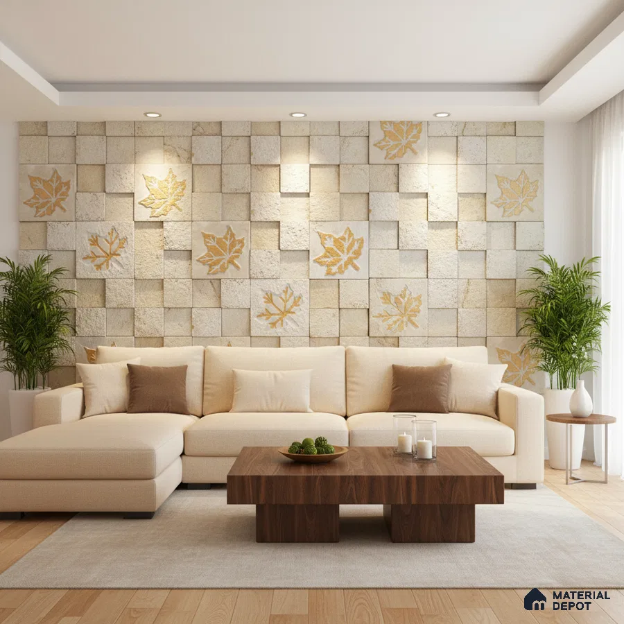 Modern living room with 3D stone cladding accent wall and light oak wooden flooring in Bengaluru
