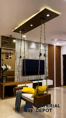 Modern Living Room with a Swing and Warm Lighting | Material Depot