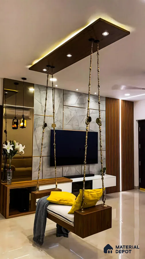 Modern Living Room with a Swing and Warm Lighting | Material Depot