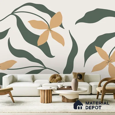 Modern living room with abstract floral wallpaper and light wood accent tables in Bengaluru