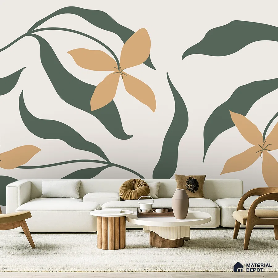 Modern living room with abstract floral wallpaper and light wood accent tables in Bengaluru