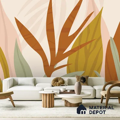 Modern living room with abstract tropical wallpaper, white fabric sofa, and natural wood accent tables in Bengaluru