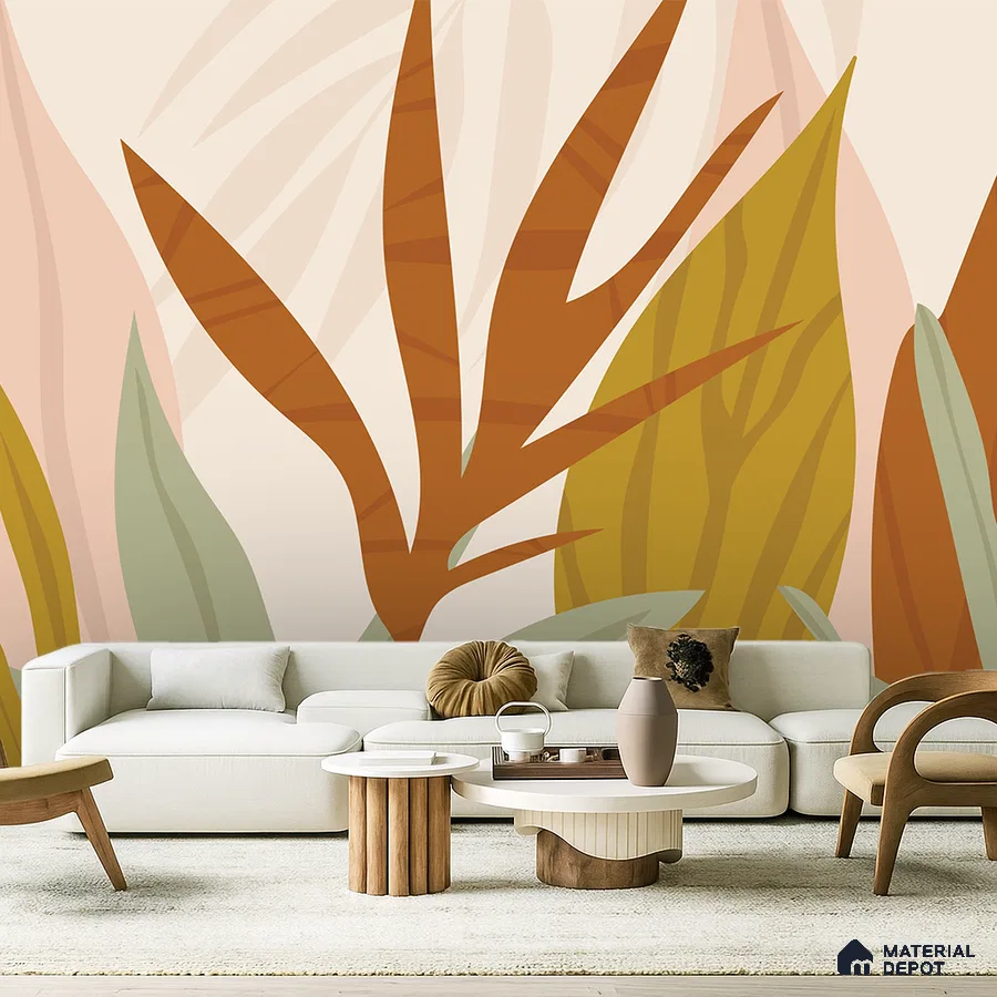 Modern living room with abstract tropical wallpaper, white fabric sofa, and natural wood accent tables in Bengaluru
