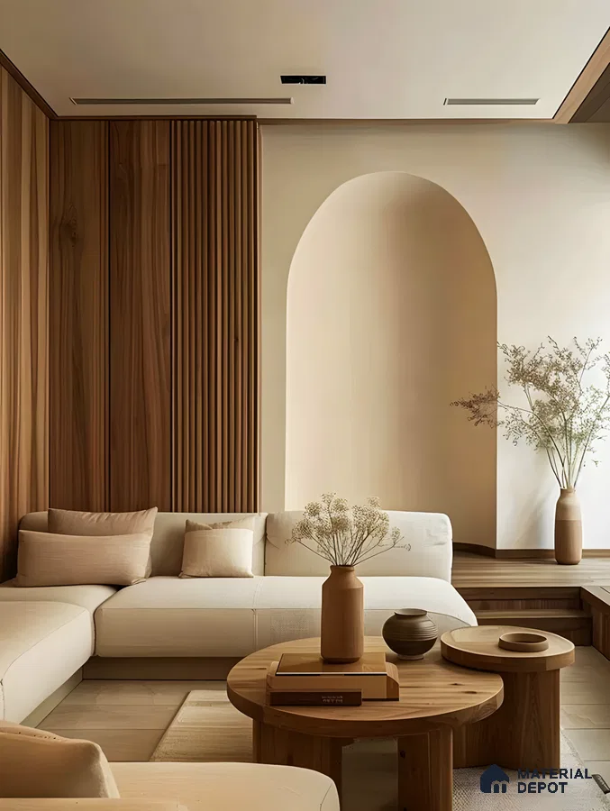 Modern Living Room with Arched Wall and Wooden Accents | Material Depot
