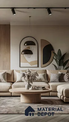 Modern Living Room with Arched Wall Decor and Natural Elements | Material Depot