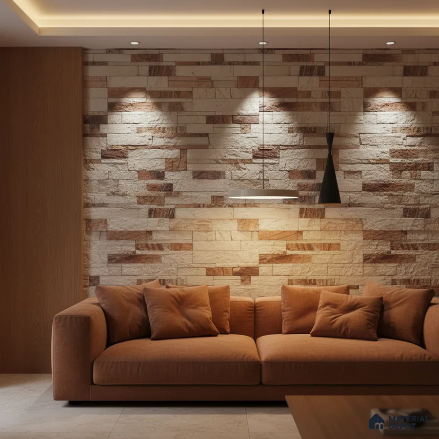 Modern living room with beige and brown stone cladding accent wall and terracotta fabric sofa in Bengaluru