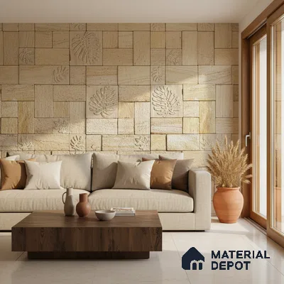 Modern living room with beige carved stone cladding accent wall and wooden coffee table in Bengaluru