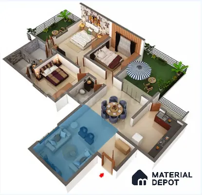Modern living room with beige floor tile, blue upholstered sofa, and open plan layout in Sobha Chrysanthemum Thanisandra 3 BHK Bengaluru Apartment
