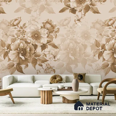 Modern living room with beige floral wallpaper and light wood accent tables in Bengaluru