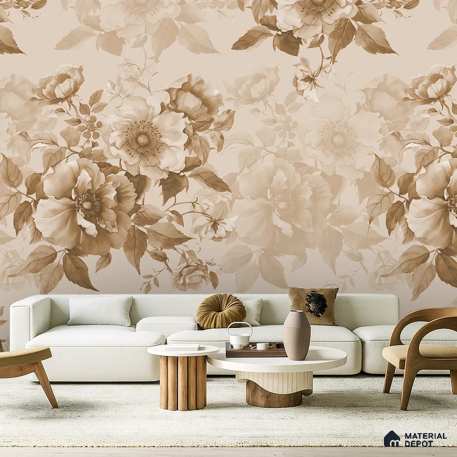 Modern living room with beige floral wallpaper and light wood accent tables in Bengaluru