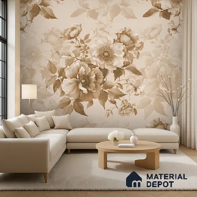 Modern living room with beige floral wallpaper and light wood coffee table in Bengaluru