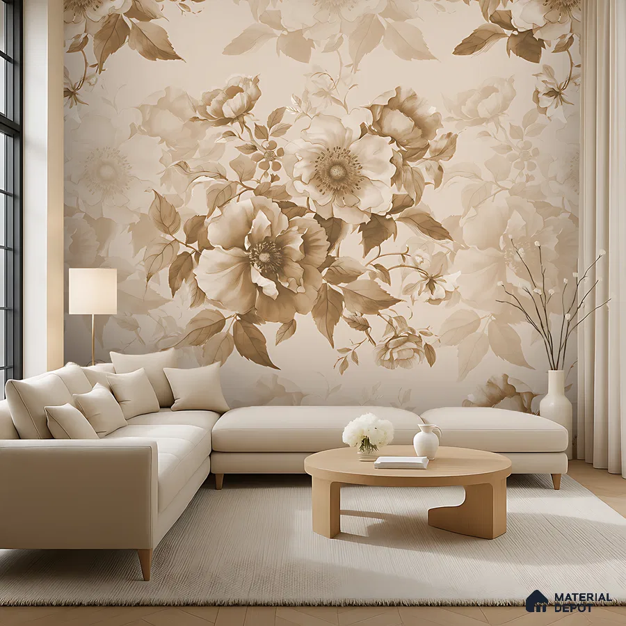 Modern living room with beige floral wallpaper and light wood coffee table in Bengaluru