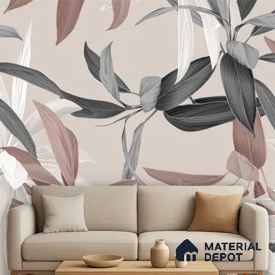 Modern living room with beige floral wallpaper and neutral fabric sofa in Bengaluru