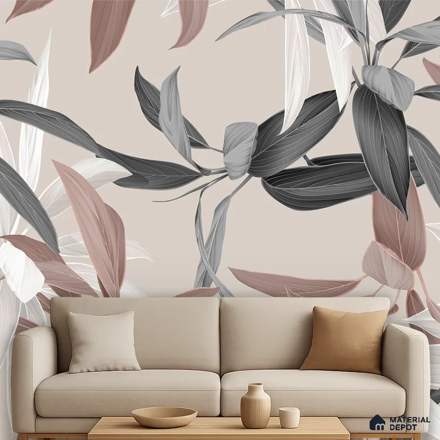 Modern living room with beige floral wallpaper and neutral fabric sofa in Bengaluru