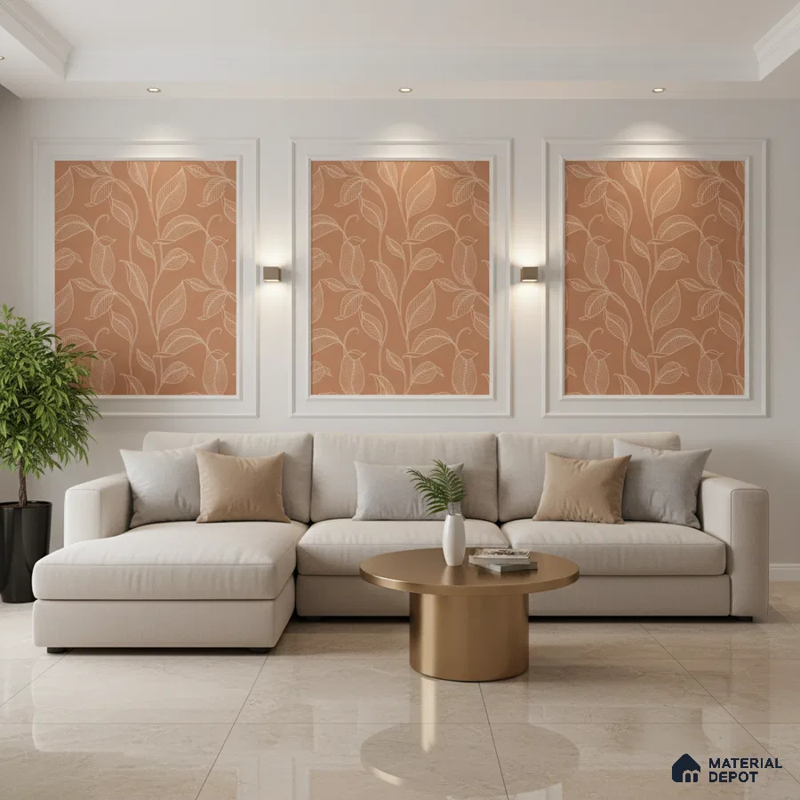 Modern living room with beige floral wallpaper panels and glossy marble floor tiles in Bengaluru