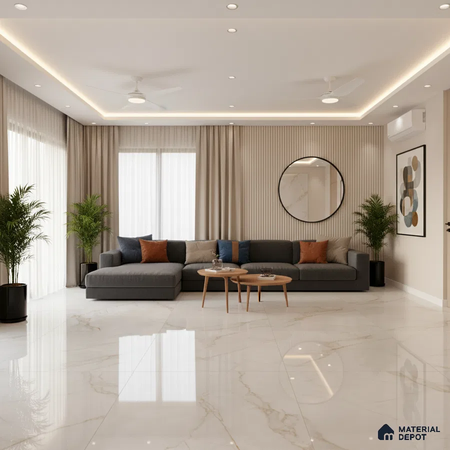 Modern living room with beige fluted wall panels and glossy white marble floor tiles in Bengaluru