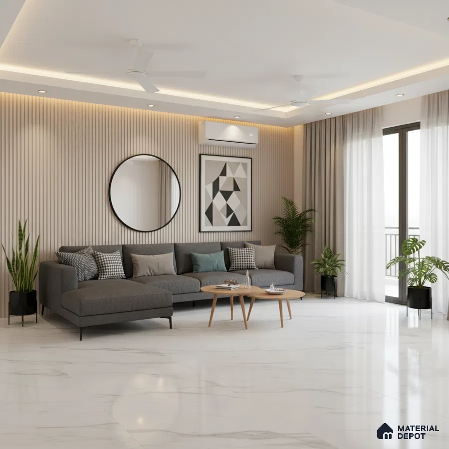 Modern living room with beige fluted wall panels and white marble floor tiles in Bengaluru