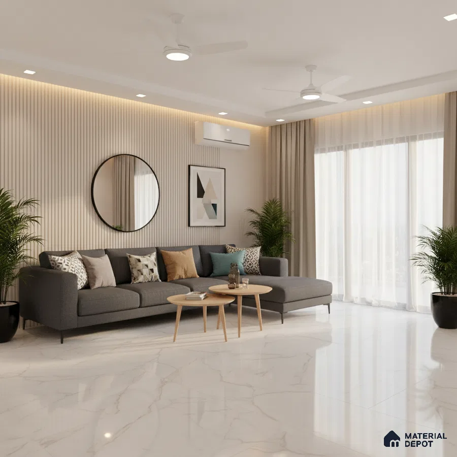 Modern living room with beige fluted wall panels and white marble floor tiles in Bengaluru
