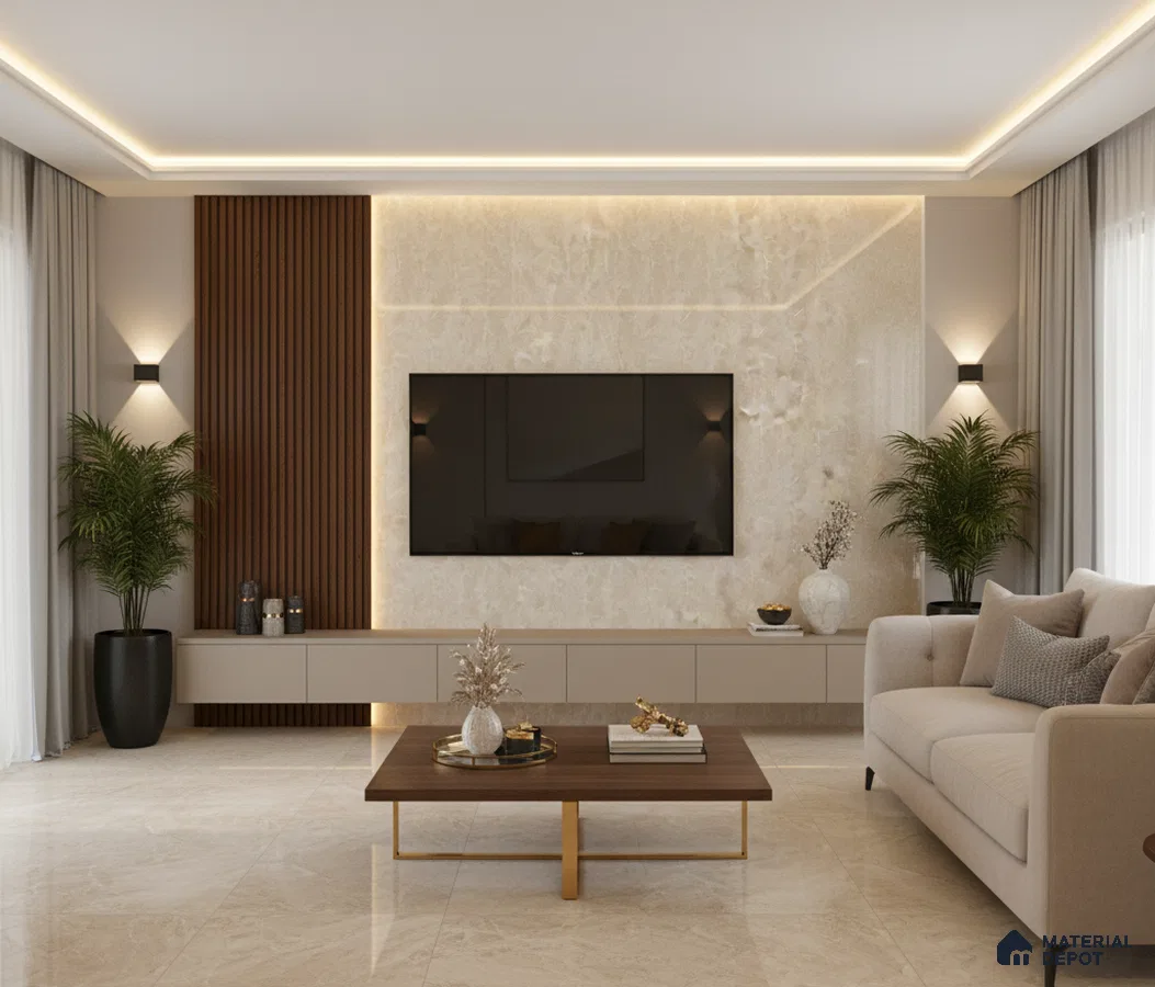 Modern living room with marble-look TV wall panel and beige polished floor tiles in Bengaluru