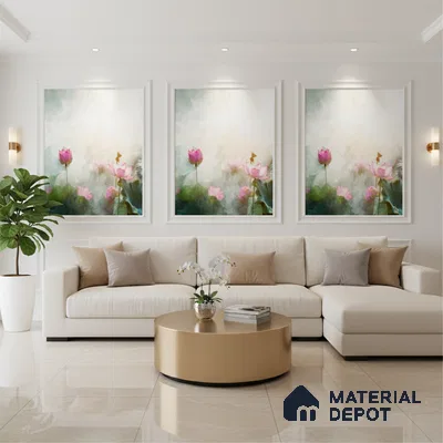 Modern living room with beige marble floor, neutral fabric sofa, and floral wall art in Bengaluru