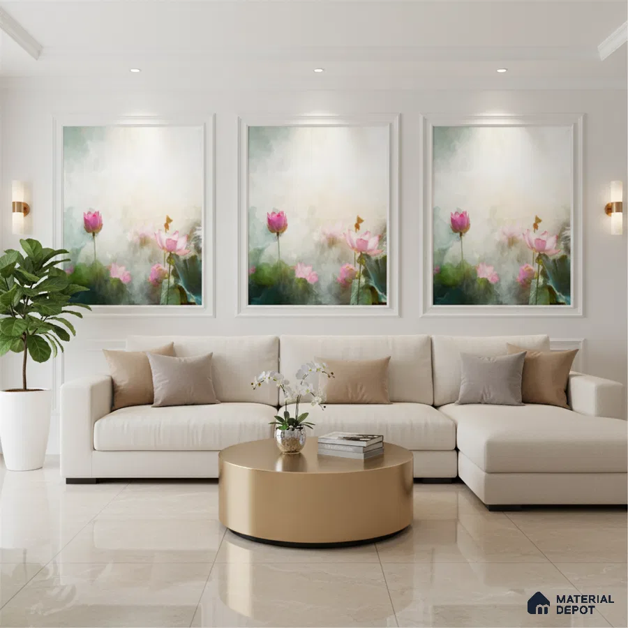 Modern living room with beige marble floor, neutral fabric sofa, and floral wall art in Bengaluru