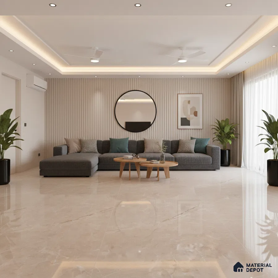 Modern living room with beige marble floor tiles and fluted wall panels in Bengaluru