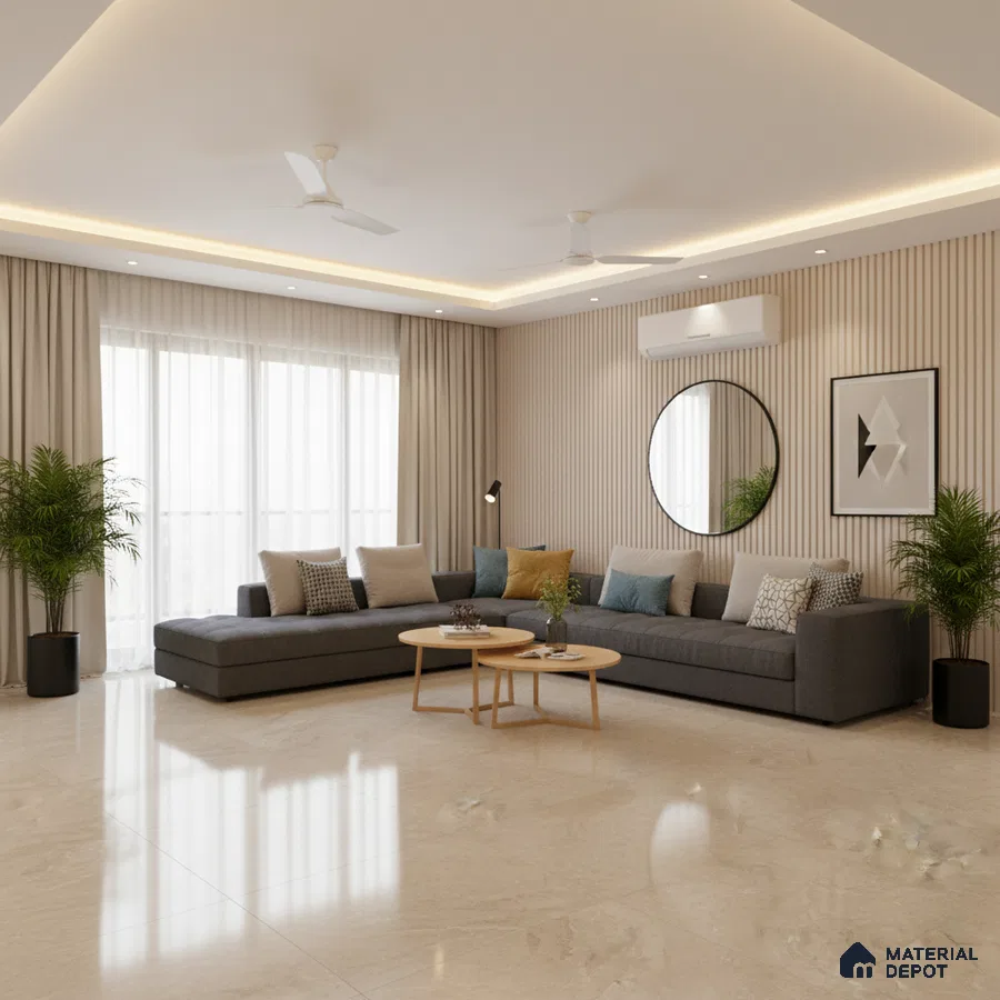 Modern living room with beige marble floor tiles and fluted wall panels in Bengaluru
