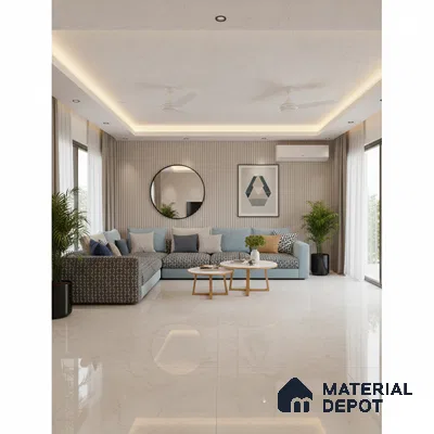 Modern living room with beige marble floor tiles and fluted wall panels in Bengaluru