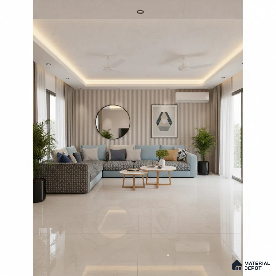 Modern living room with beige marble floor tiles and fluted wall panels in Bengaluru