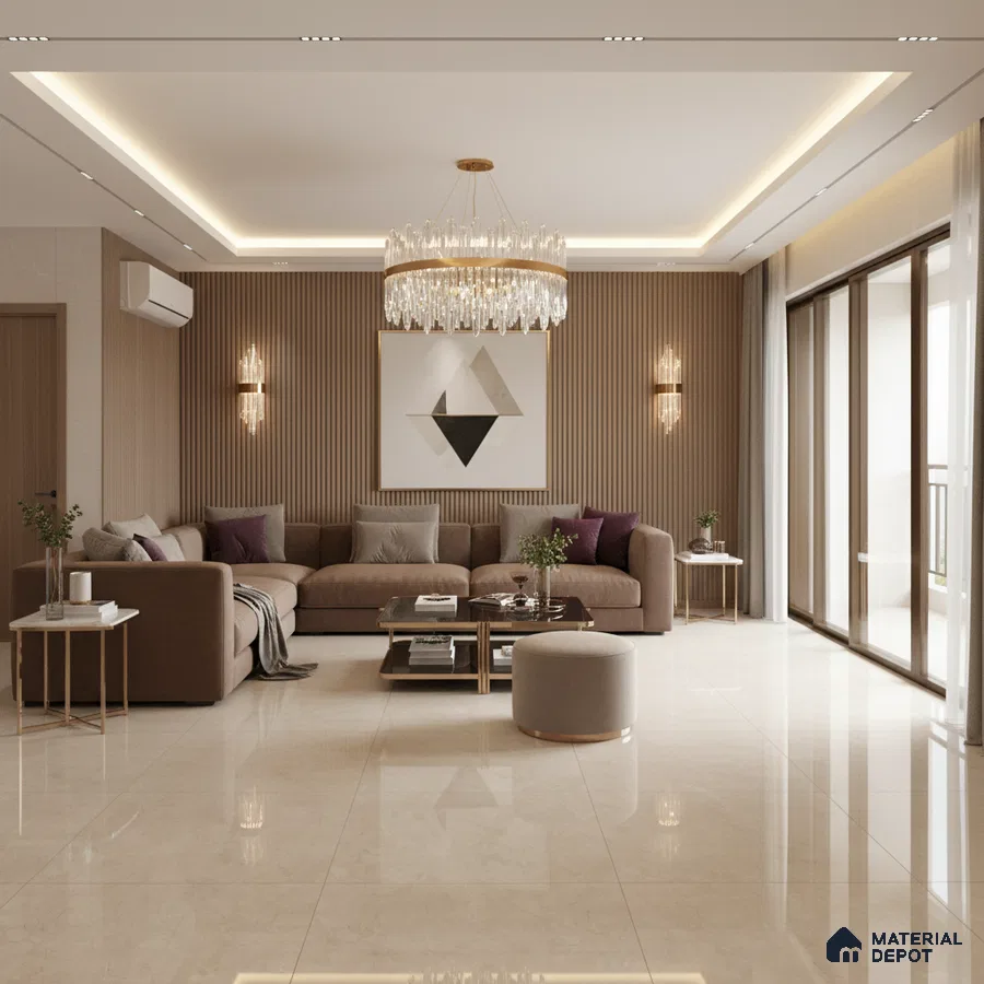 Modern living room with beige marble floor tiles and fluted wood wall panels in Bengaluru