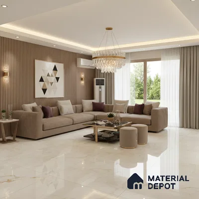 Modern living room with beige marble floor tiles and fluted wood wall panels in Bengaluru