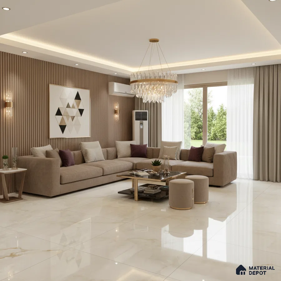 Modern living room with beige marble floor tiles and fluted wood wall panels in Bengaluru