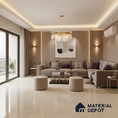 Modern living room with beige marble floor tiles and light oak fluted wall panels in Bengaluru