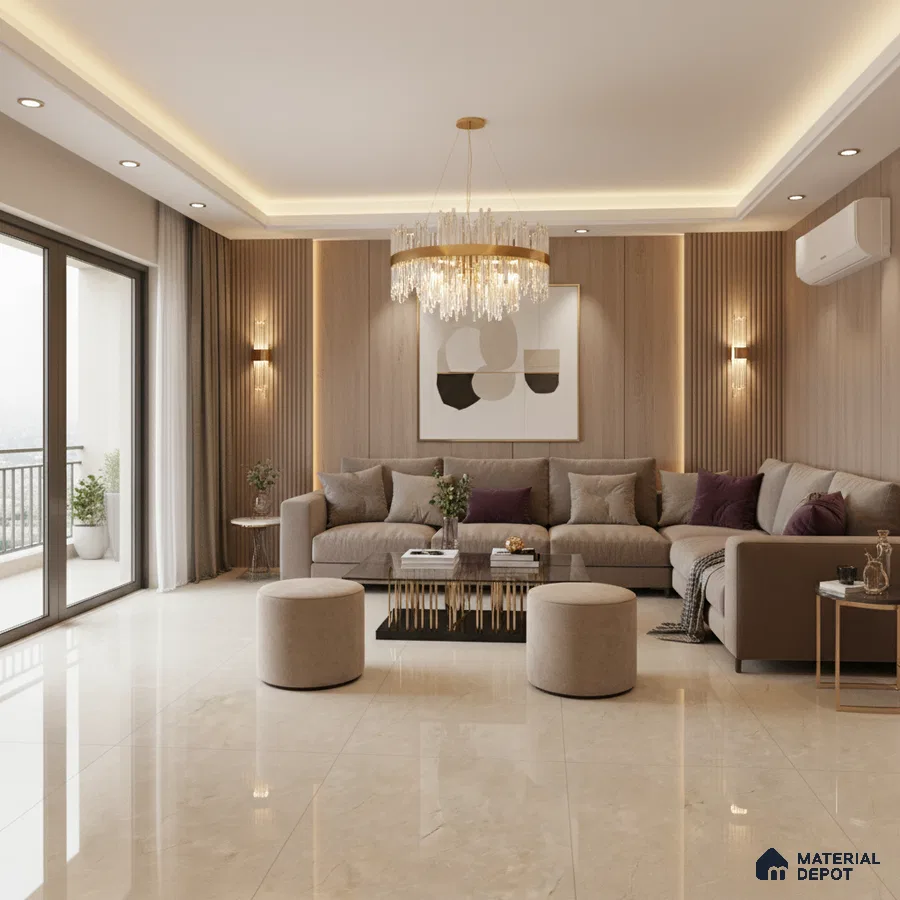 Modern living room with beige marble floor tiles and light oak fluted wall panels in Bengaluru