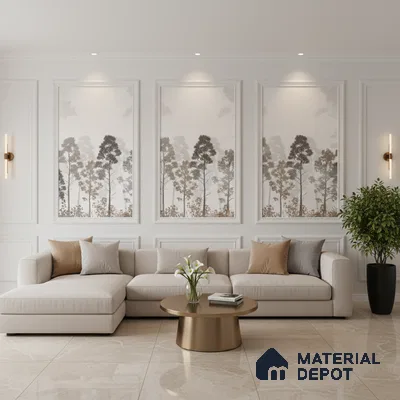 Modern living room with beige marble floor tiles and nature-inspired wallpaper panels in Bengaluru