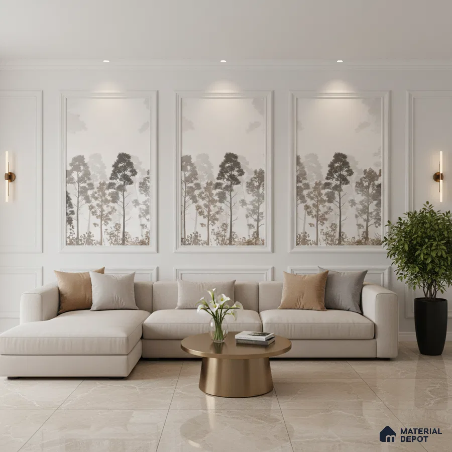 Modern living room with beige marble floor tiles and nature-inspired wallpaper panels in Bengaluru