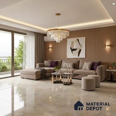 Modern living room with beige marble floor tiles and vertical wood fluted wall panels in Bengaluru