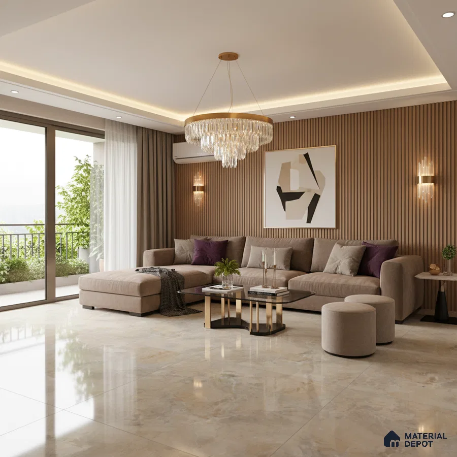 Modern living room with beige marble floor tiles and vertical wood fluted wall panels in Bengaluru