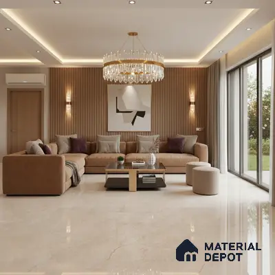 Modern living room with beige marble floor tiles and vertical wood louver accent wall in Bengaluru