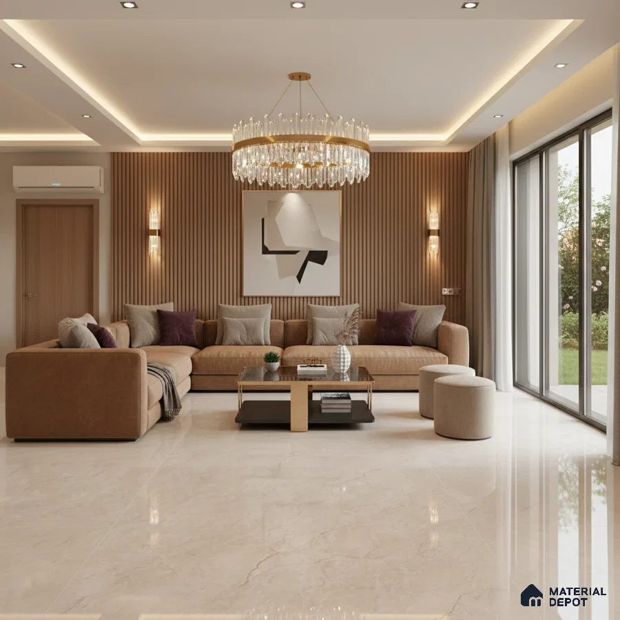 Modern living room with beige marble floor tiles and vertical wood louver accent wall in Bengaluru