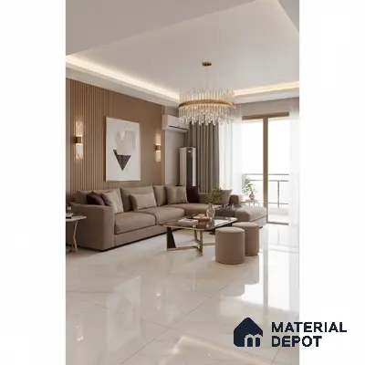 Modern living room with beige marble floor tiles and vertical wood louver accent wall in Bengaluru