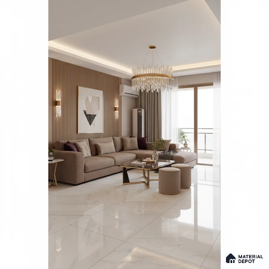 Modern living room with beige marble floor tiles and vertical wood louver accent wall in Bengaluru