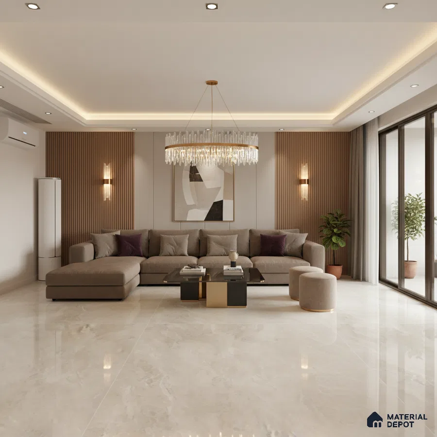 Modern living room with beige marble floor tiles and vertical wood louver wall panels in Bengaluru