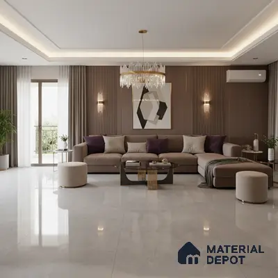 Modern living room with beige marble floor tiles and walnut brown fluted wall panels in Bengaluru