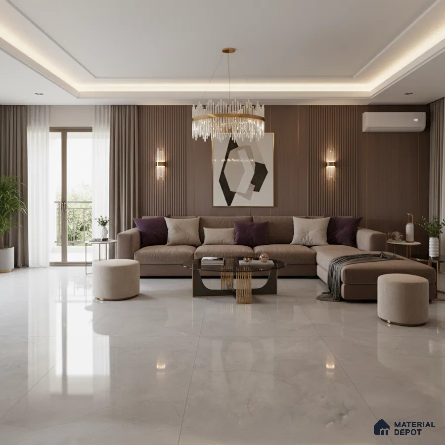 Modern living room with beige marble floor tiles and walnut brown fluted wall panels in Bengaluru
