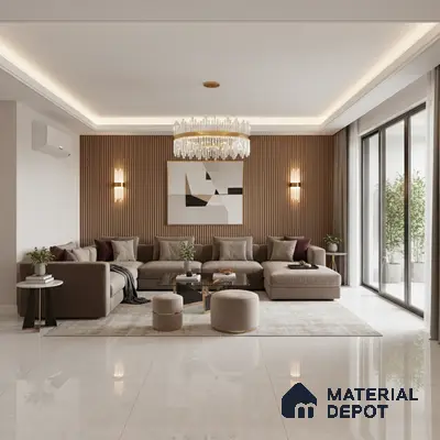 Modern living room with beige marble floor tiles and walnut fluted wall panels in Bengaluru
